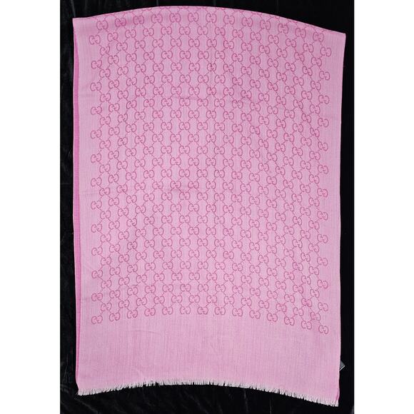 GUCCI Pink Jacquard Logo GG Wool Silk Scarf - Picture 8 of 14